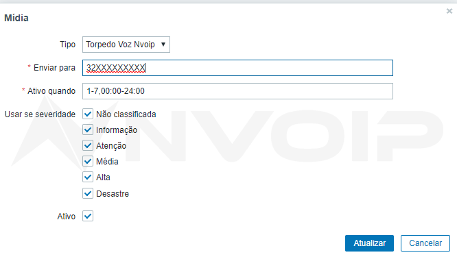 Configuração Mídia SMS Usuário Zabbix.