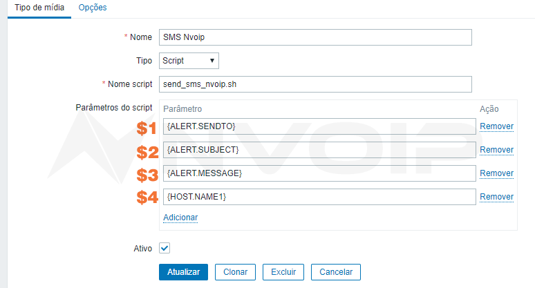 Configuração Nova Mídia Envio SMS Zabbix pela Nvoip.