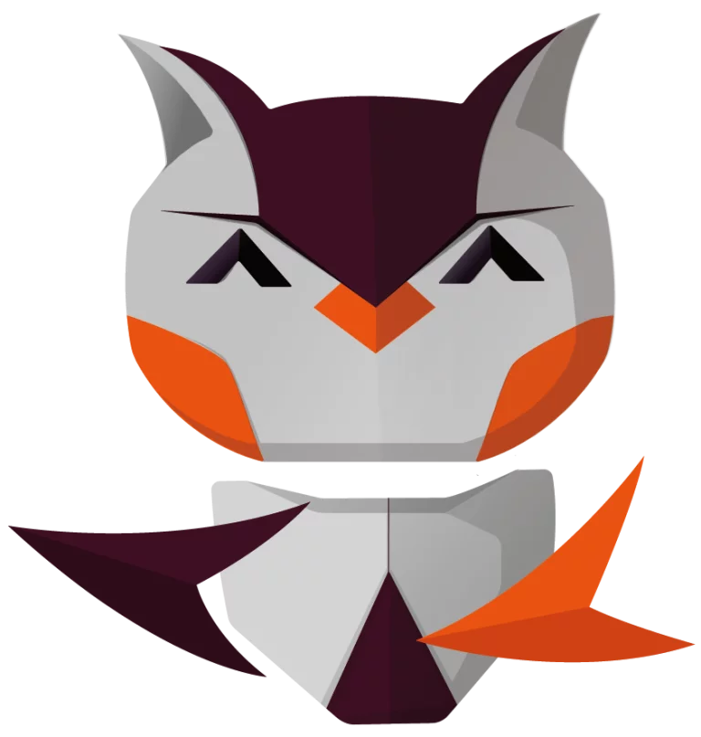 NIA (mascote da Nvoip) apontando para a esquerda com um sorriso.