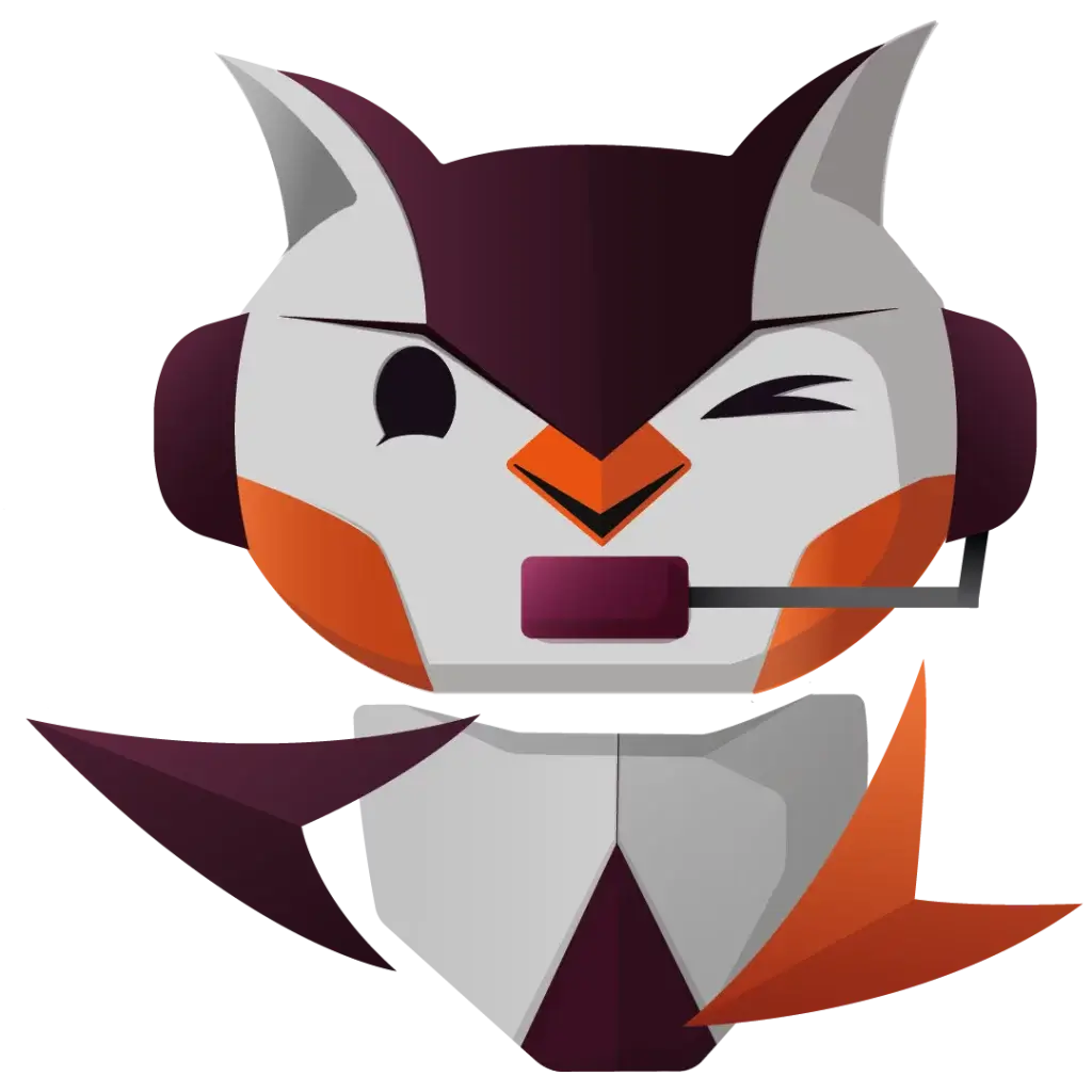 NIA (mascote da Nvoip) com headset apontando pra esquerda e piscando.