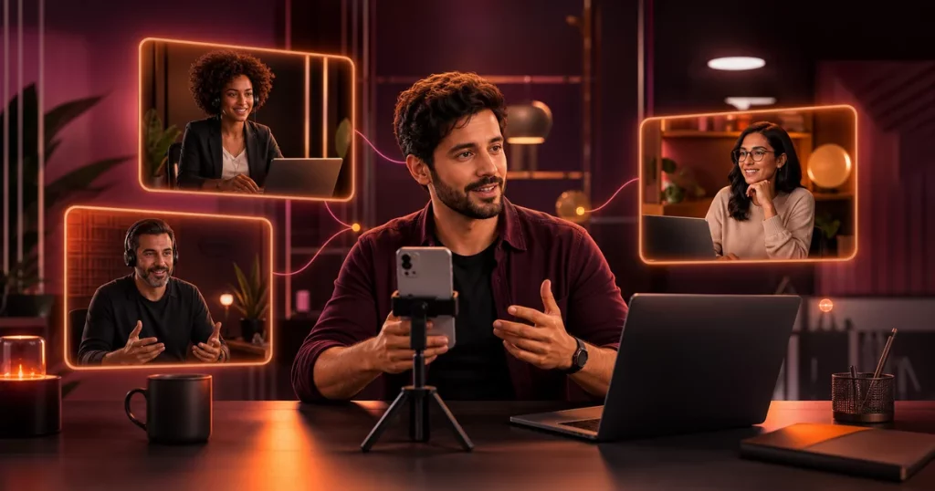 Creator Nvoip gravando uma demonstração em vídeo com outros profissionais conectados à comunidade
