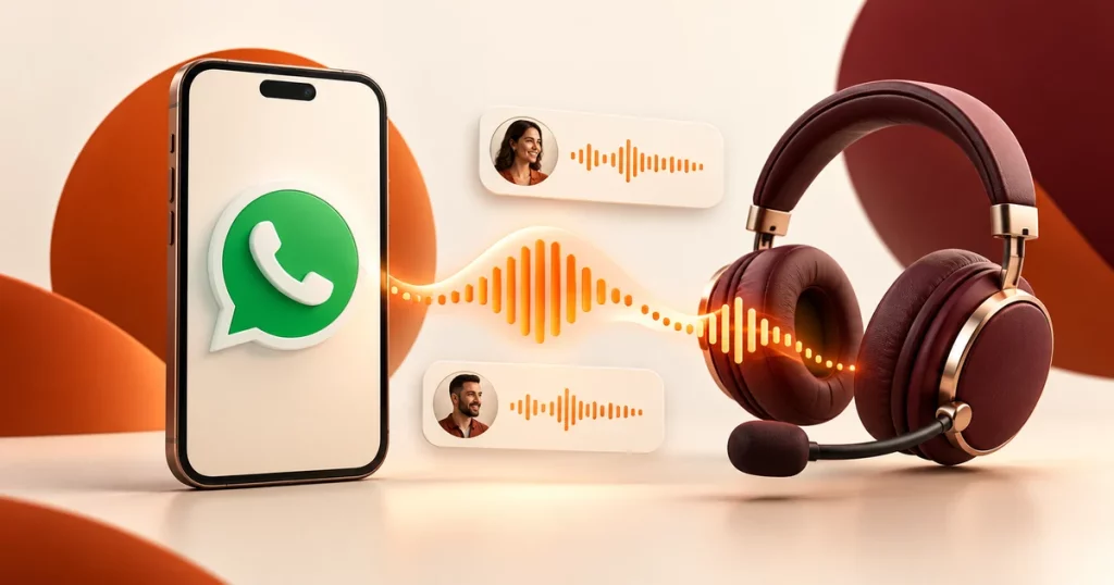 Celular conectado a um headset por ondas de voz, representando o WhatsApp Calling