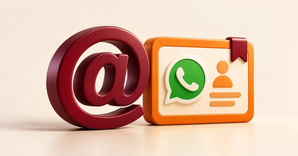 Símbolo de arroba e cartão de identidade representando a reserva de nome de usuário no WhatsApp