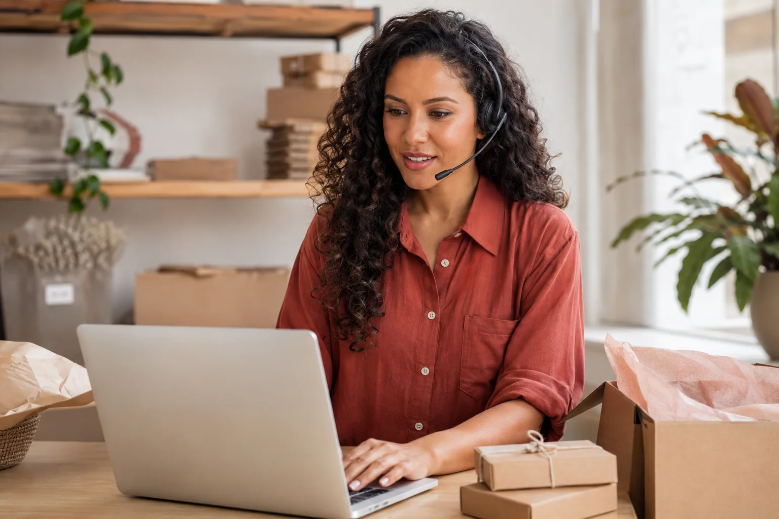 Empreendedora de E-commerce atendendo pelo notebook, com headset e encomendas na bancada
